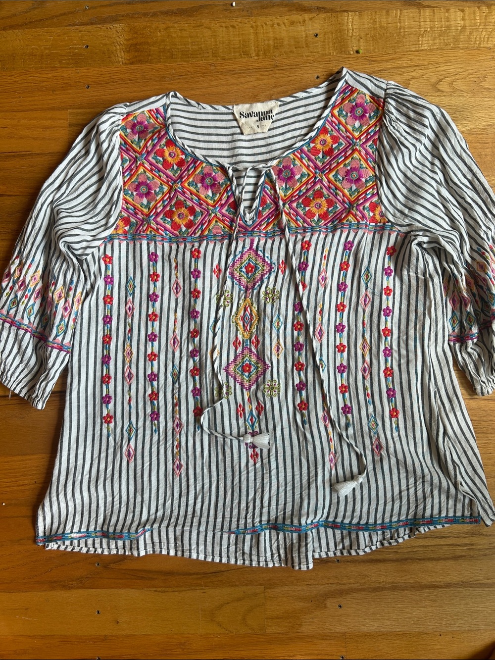 Beautiful White Striped Peasant Top with Multicolor Embroidery - lightweight EUC